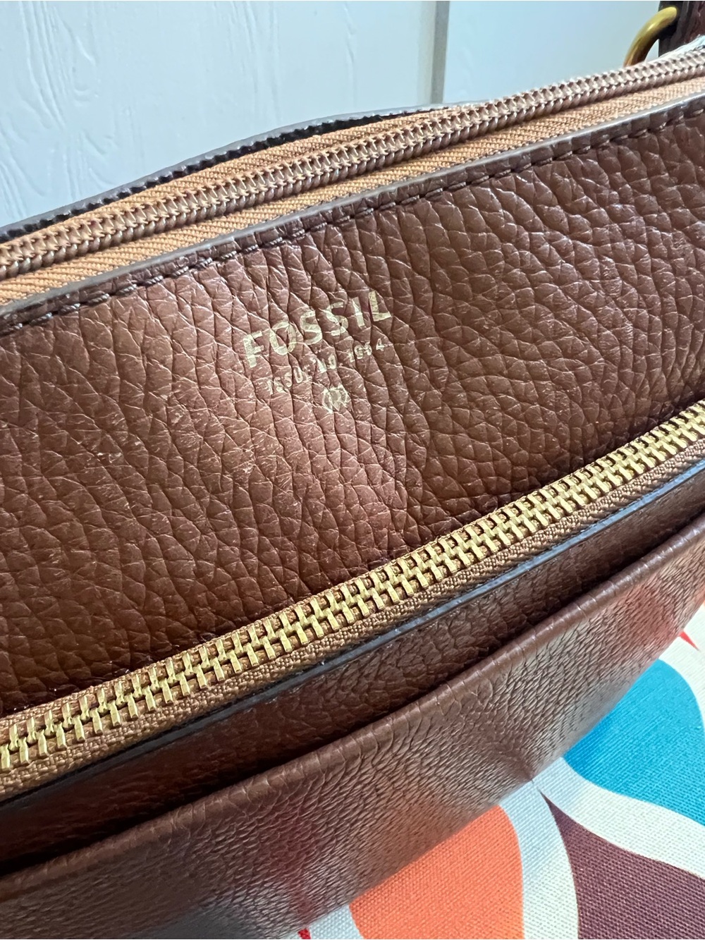Fossil Brown Pebbled Leather Zip-Top Crossbody with Gold Hardware - Picture 3 of 9